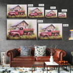 Old Pink Truck Used As a Flower Bed, Framed Canvas Print Or Poster, Rustic Farmhouse Decor, Primitive Art, Country Home Art