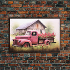 Old Pink Truck Used As a Flower Bed, Framed Canvas Print Or Poster, Rustic Farmhouse Decor, Primitive Art, Country Home Art