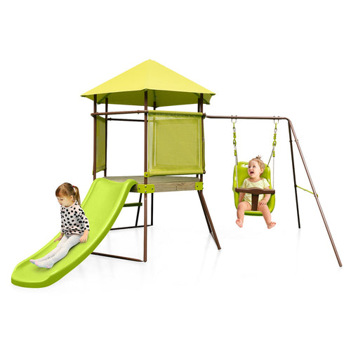4-in-1 Swing Set with Covered Playhouse