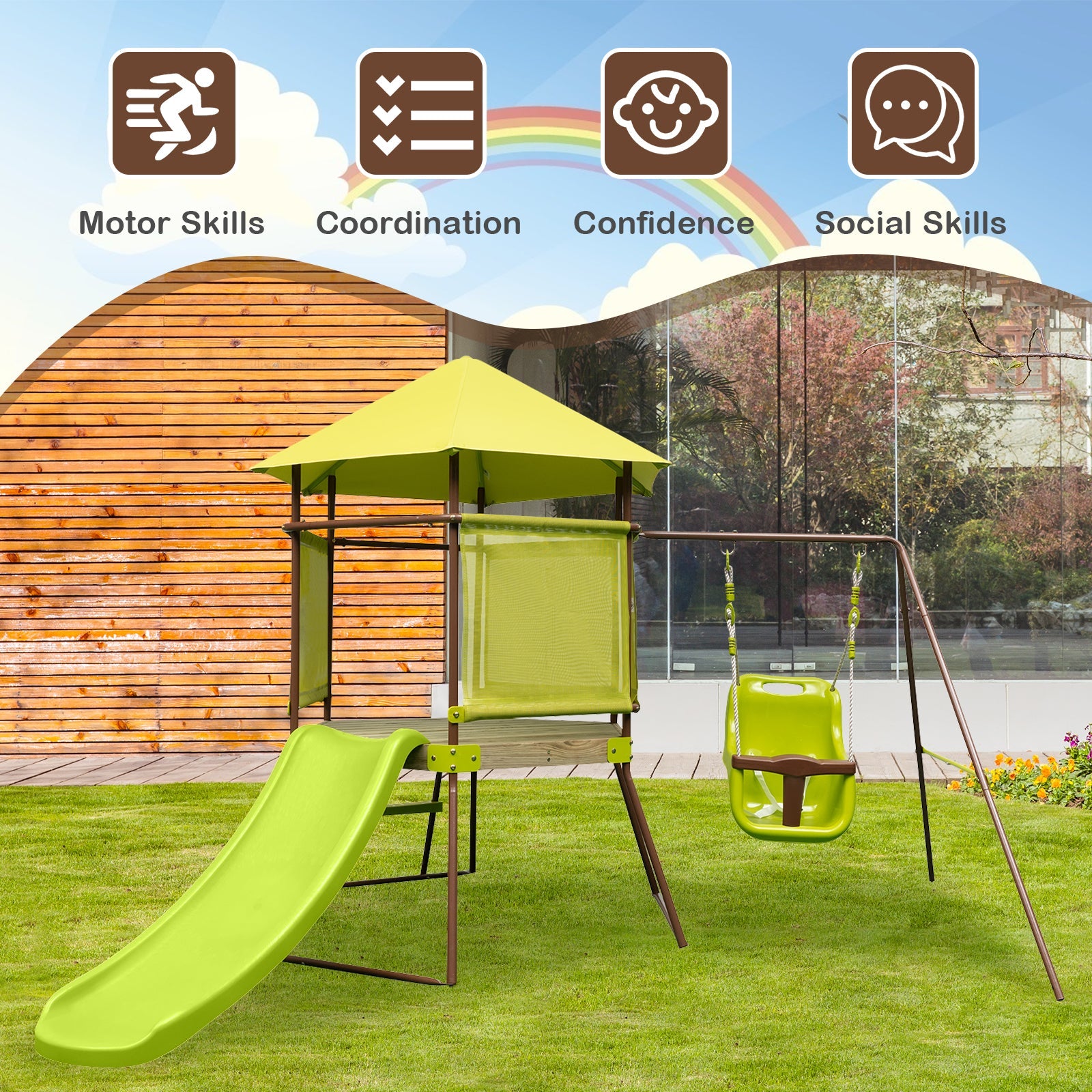 4-in-1 Swing Set with Covered Playhouse