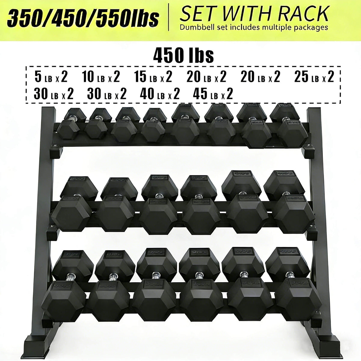 450-Pounds Rubber Hex Dumbbell Set With Rack (SAK90714)