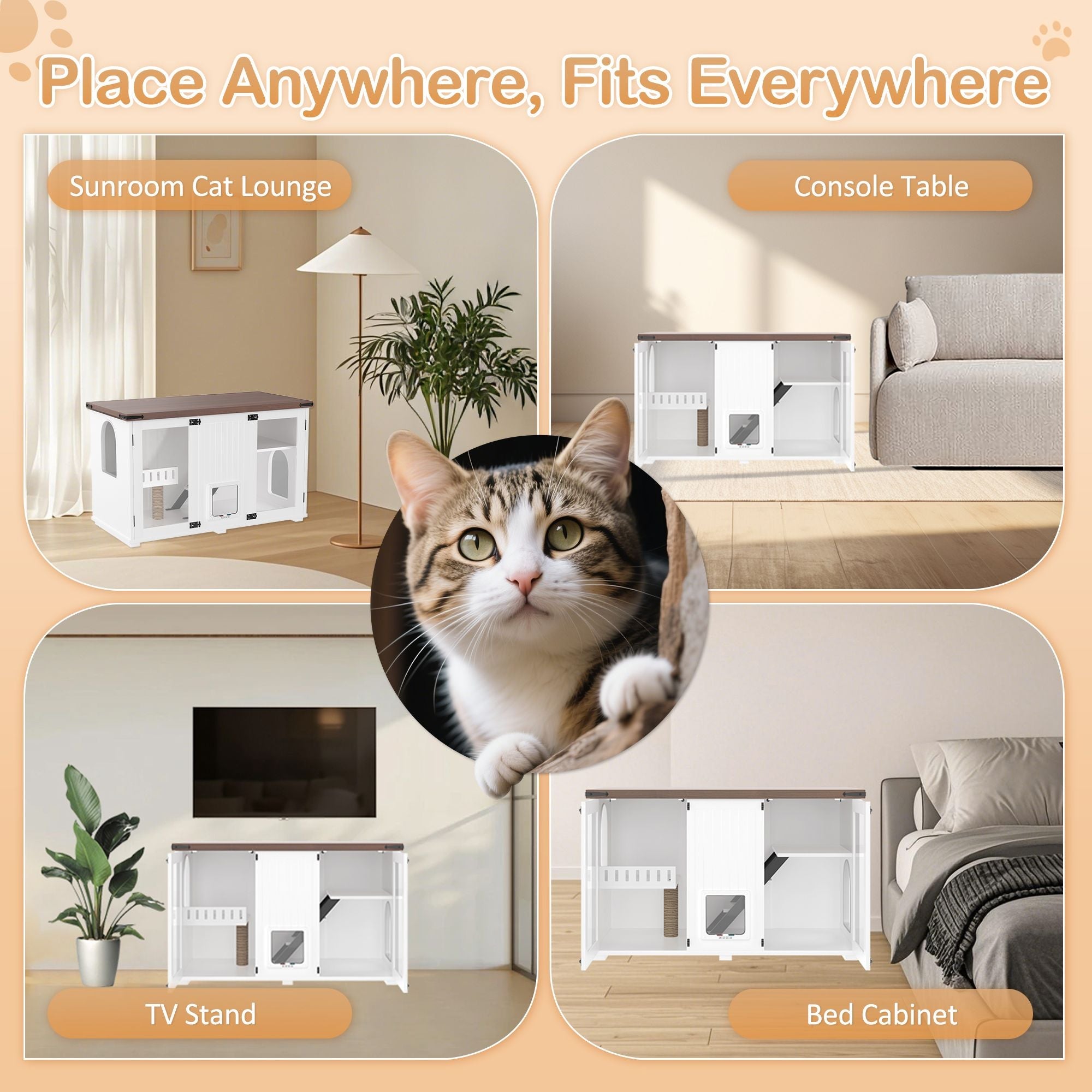 Cat Litter Box Cabinet Side Table with Smart Doors and LED Light