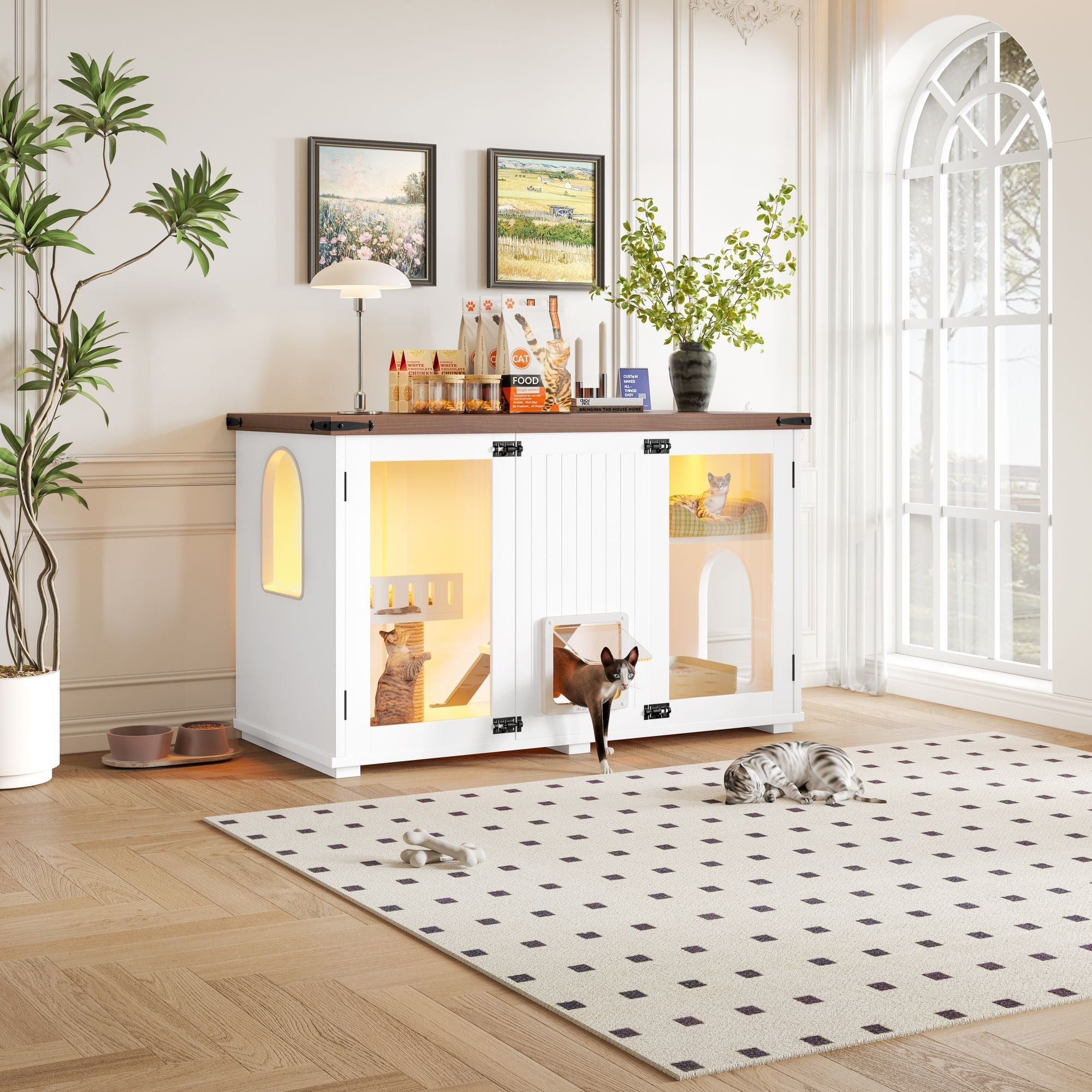 Cat Litter Box Cabinet Side Table with Smart Doors and LED Light