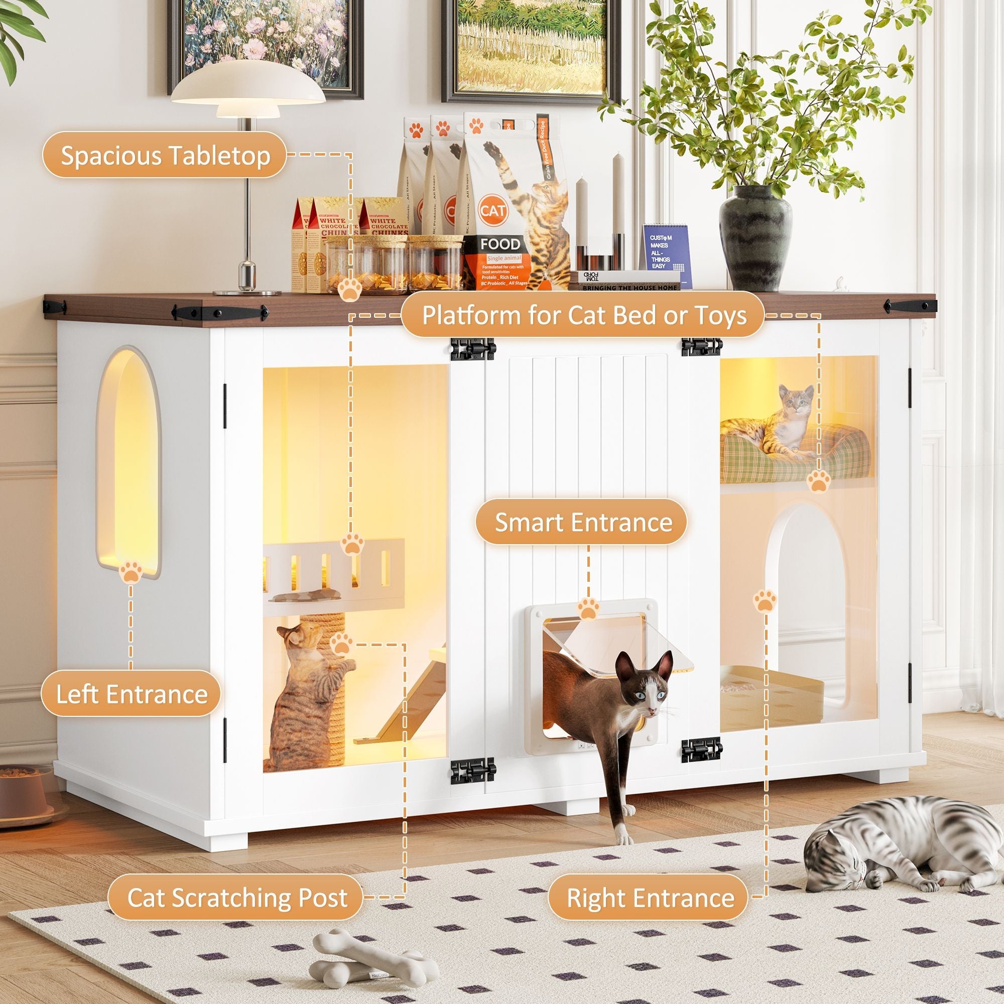 Cat Litter Box Cabinet Side Table with Smart Doors and LED Light