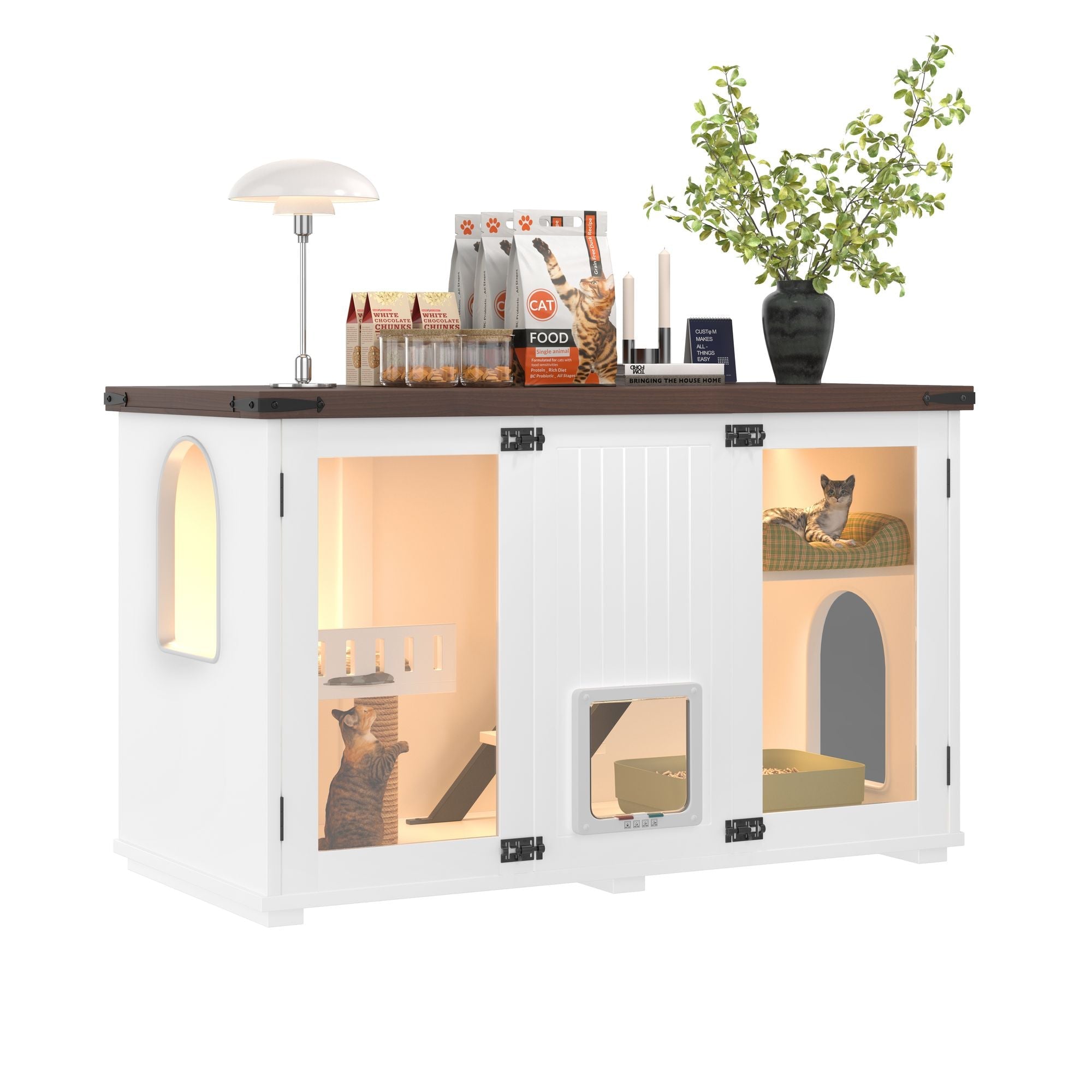 Cat Litter Box Cabinet Side Table with Smart Doors and LED Light