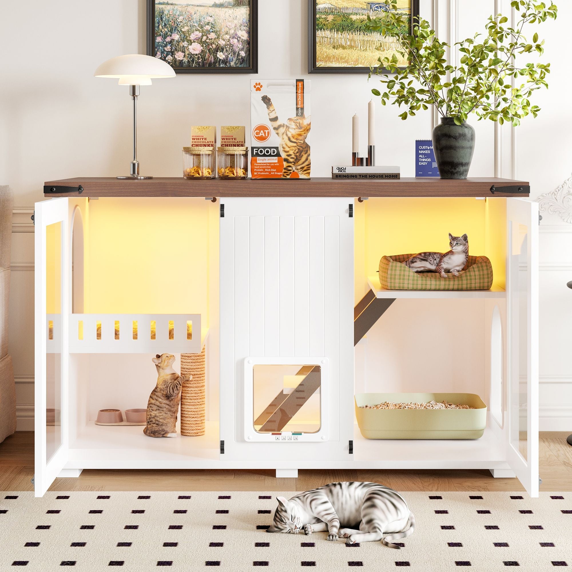 Cat Litter Box Cabinet Side Table with Smart Doors and LED Light