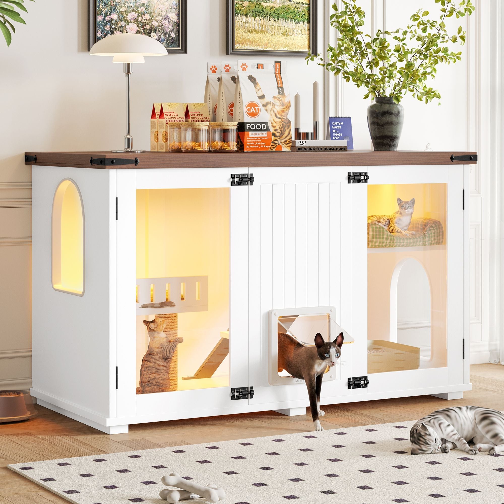 Cat Litter Box Cabinet Side Table with Smart Doors and LED Light