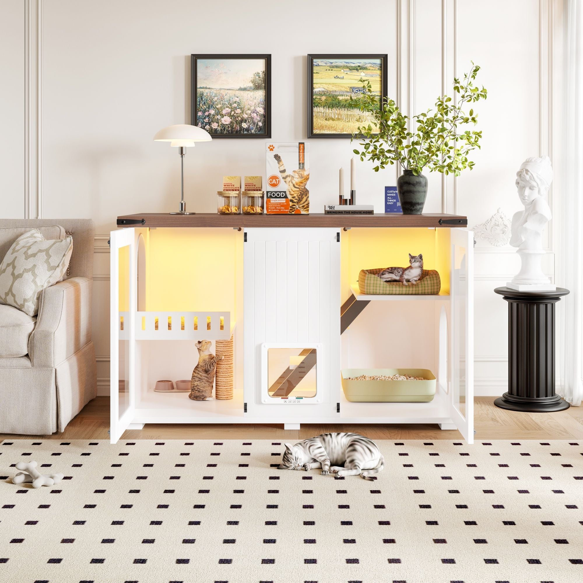 Cat Litter Box Cabinet Side Table with Smart Doors and LED Light