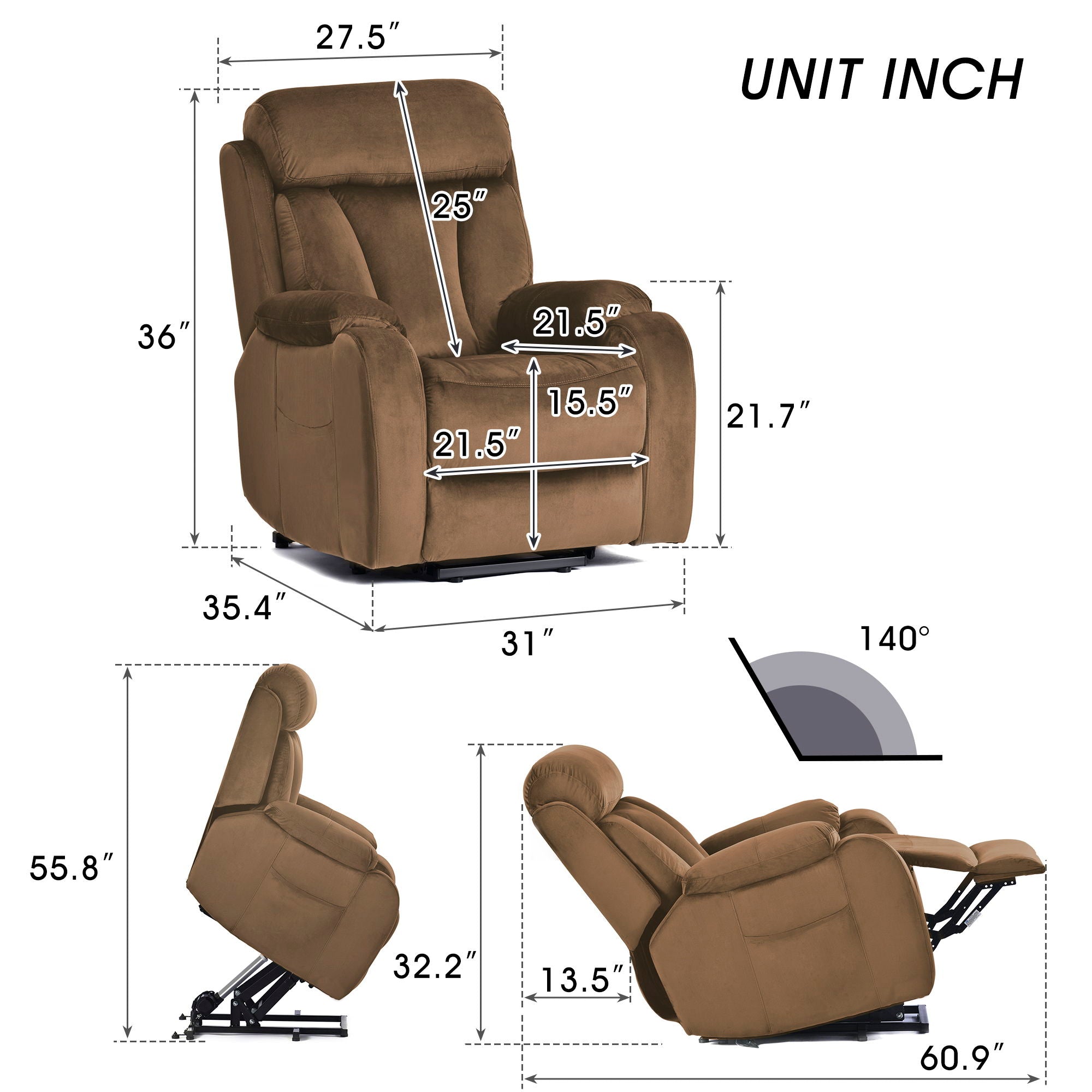 Lift Chair Power Remote Control Recliner Anti - Skid Australia Cashmere Fabric- Brown