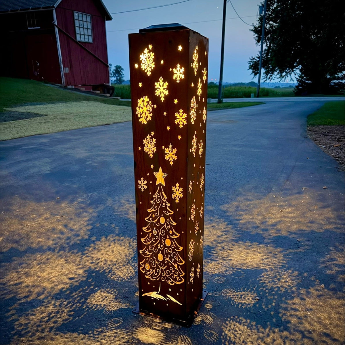 Enchanted Evergreen Solar Pillar - Steel Christmas Tree Solar Light