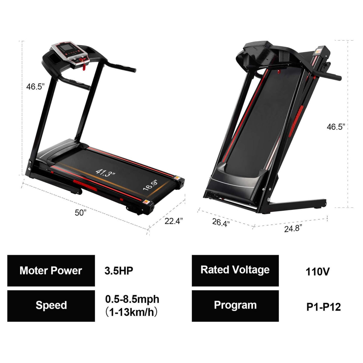 Portable 3.5HP Space Saving Folding Treadmill W/ Incline & 12 Preset Programs (SAK29735)