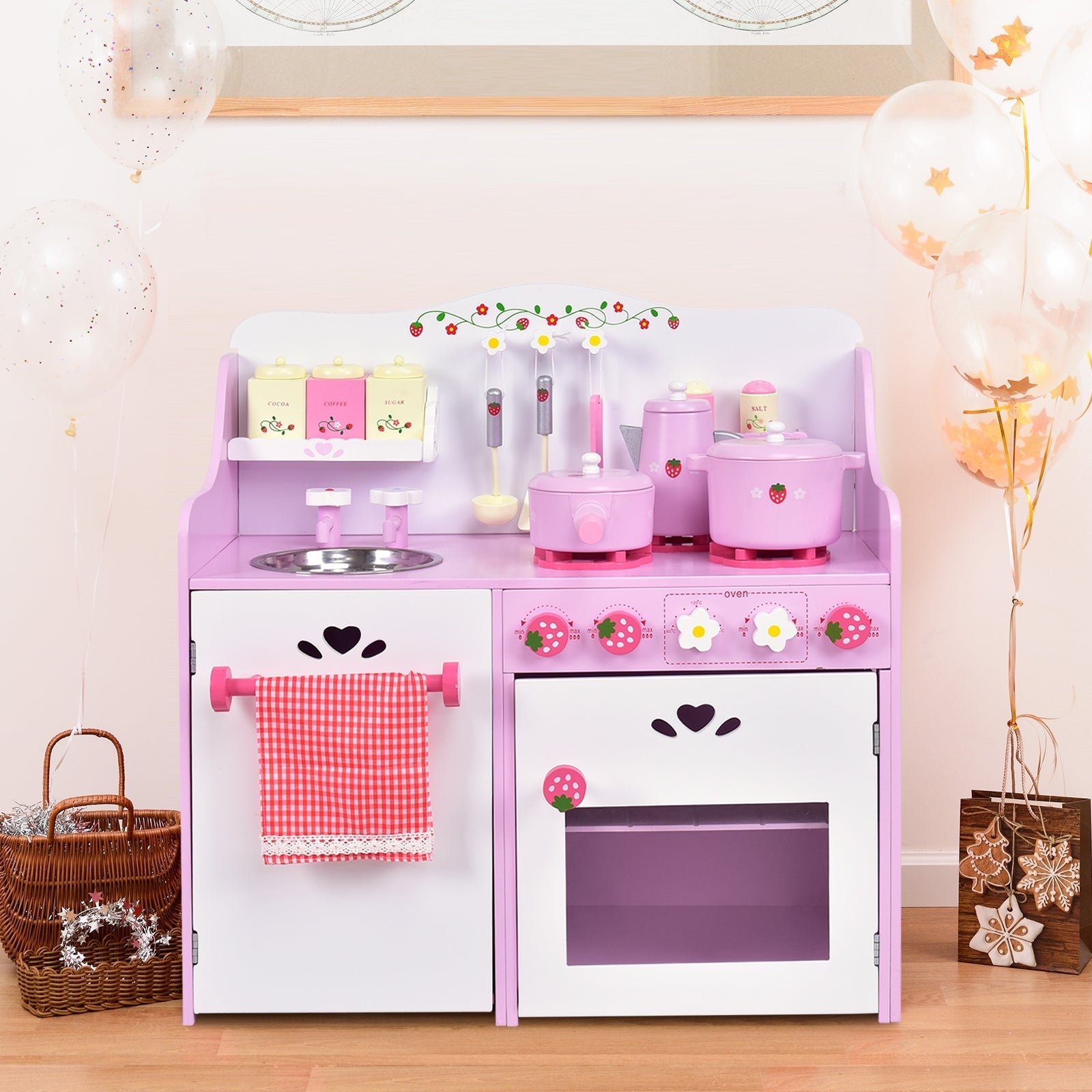 Kids Wooden Kitchen Toy Strawberry  Cooking Playset