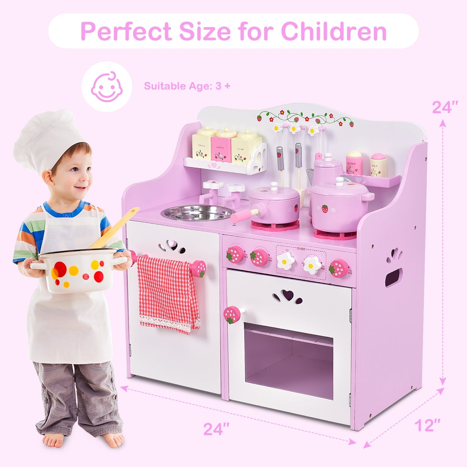Kids Wooden Kitchen Toy Strawberry  Cooking Playset